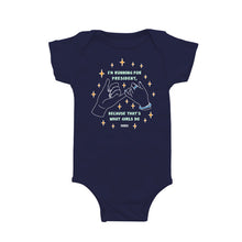 Load image into Gallery viewer, Navy onesie with pinky promise hands and the words, I&#39;m running for president, because that&#39;s what girls do, in liberty green lettering.  (4170162405485) (7432140325053)