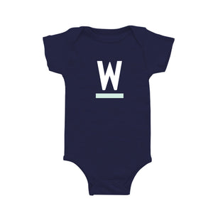 Navy onesie with white and liberty green Warren "W" logo.  (4407485300845) (7433025585341)