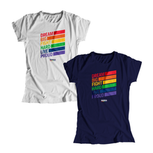 Load image into Gallery viewer, Two fitted t-shirts, one in navy and one in platinum gray with the words, dream big fight hard live proud, stacked at left in each color of the rainbow with a band of color following each word (1665898741869) (7431681245373)