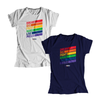 Two fitted t-shirts, one in navy and one in platinum gray with the words, dream big fight hard live proud, stacked at left in each color of the rainbow with a band of color following each word (1665898741869) (7431681245373)