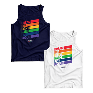 Two unisex tank tops, one in navy and one in platinum gray with the words, dream big fight hard live proud, stacked at left in each color of the rainbow with a band of color following each word (1642429120621) (7431682031805)