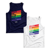 Two unisex tank tops, one in navy and one in platinum gray with the words, dream big fight hard live proud, stacked at left in each color of the rainbow with a band of color following each word (1642429120621) (7431682031805)