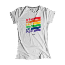 Load image into Gallery viewer, Platinum gray fitted tank with the words, dream big fight hard live proud, stacked at left in each color of the rainbow with a band of color following each word (1665898741869) (7431681245373)