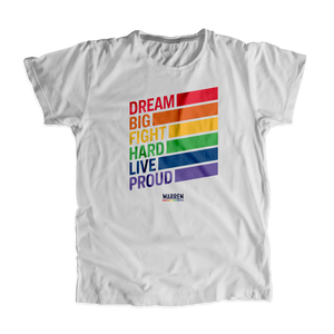 Platinum gray unisex tank with the words, dream big fight hard live proud, stacked at left in each color of the rainbow with a band of color following each word (1664115245165) (7431681736893)