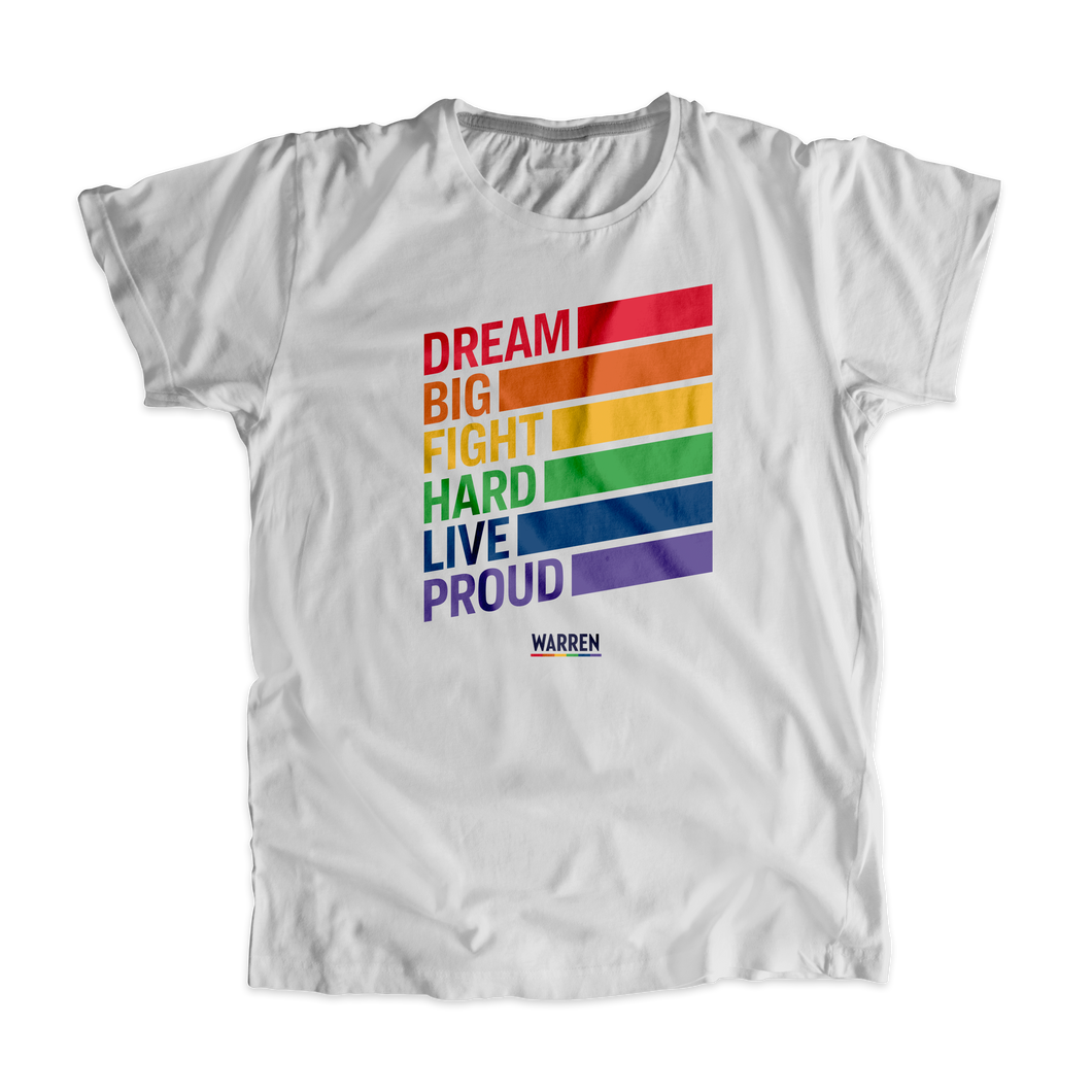 Platinum gray unisex tank with the words, dream big fight hard live proud, stacked at left in each color of the rainbow with a band of color following each word (1664115245165) (7431681736893)