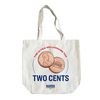 Natural tote with an illustration of two pennies in the middle and the phrase, The Ultra-Millionaire Tax and Two Cents, framing them with a small Warren logo at the bottom. Text is in red and navy blue. (4171885281389) (7431622623421)
