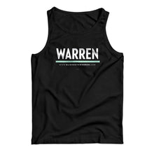 Load image into Gallery viewer, Unisex tank top in black with WARREN logo in white with liberty green underline (1642414276717) (7433026306237)