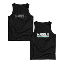 Load image into Gallery viewer, Two unisex tank tops in black, one with a gray WARREN logo, one with a white and liberty green WARREN logo (1642414276717) (7433026306237)