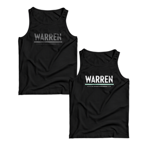 Two unisex tank tops in black, one with a gray WARREN logo, one with a white and liberty green WARREN logo (1642414276717) (7433026306237)