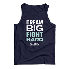 Load image into Gallery viewer, Unisex tank top in navy with the phrase, dream big fight hard, in white and liberty green (1642424139885) (7432137834685)