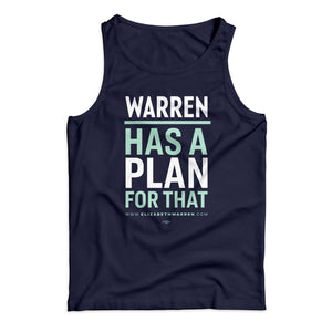 Navy unisex tank top with the phrase, Warren has a plan for that, with the lines alternating in white and liberty green (1642428235885) (7431623573693)
