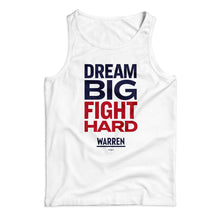 Load image into Gallery viewer, Unisex tank top in white with the phrase, dream big fight hard, in navy and red (1642424139885) (7432137834685)