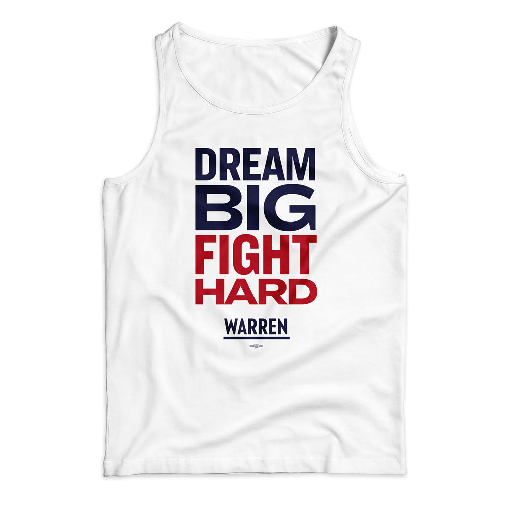 Unisex tank top in white with the phrase, dream big fight hard, in navy and red (1642424139885) (7432137834685)