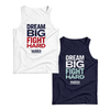 Two unisex tank tops, one in navy with the phrase, dream big fight hard in navy and red and one in navy with the phrase 