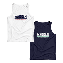 Load image into Gallery viewer, Two unisex tanks, one in white with navy WARREN logo and one in navy with the white WARREN logo with liberty green underline (1642404806765) (7433026666685)