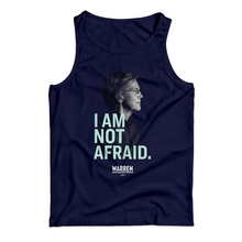 Load image into Gallery viewer, Navy unisex tank with a profile photo of Elizabeth Warren and the phrase I am not afraid in liberty green all caps type (3961432277101) (7431621411005)