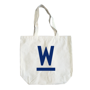 Natural canvas tote with navy Warren "W" logo. (4407469015149) (7433025650877)