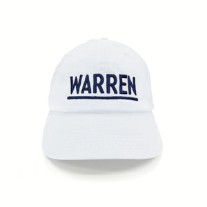 White baseball cap with navy embroidery that reads "Warren" with a navy line beneath (3885179437165)