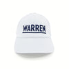White baseball cap with navy embroidery that reads 