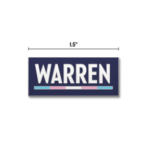 Navy rectangular pin with the WARREN logo with WARREN in white and the line beneath it in the transgender pride flag colors (five segments total) (3928571412589)