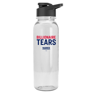 Clear water bottle with a black top with the word "Billionaire" in read and "Tears" in navy blue and the Warren logo in navy sitting beneath them (7408968073405)