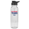 Clear water bottle with a black top with the word 