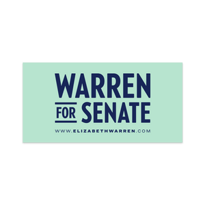 A liberty green bumper sticker with the Warren for Senate logo and the url www.elizabethwarren.com in navy text. (7456526205117)