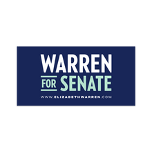 Load image into Gallery viewer, A navy blue bumper sticker with the Warren for Senate logo in white and liberty green and the url www.elizabethwarren.com in white beneath it. (7456526205117)