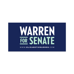 A navy blue bumper sticker with the Warren for Senate logo in white and liberty green and the url www.elizabethwarren.com in white beneath it. (7456526205117)