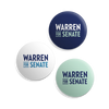 Graphic with three buttons: one navy, one liberty green, and one white all featuring the Warren for Senate logo (7456525779133)