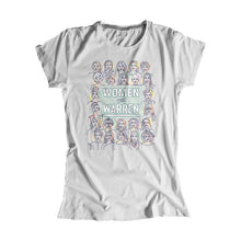 Load image into Gallery viewer, Platinum gray fitted t-shirt with the phrase &quot;Women with Warren&quot; outlined by 24 women&#39;s faces in yellow, purple, orange, and liberty green. &quot;Women with Warren&quot; is written in liberty green. (3987845709933) (7431930380477)