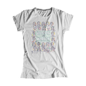 Platinum gray fitted t-shirt with the phrase "Women with Warren" outlined by 24 women's faces in yellow, purple, orange, and liberty green. "Women with Warren" is written in liberty green. (3987845709933) (7431930380477)