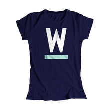 Load image into Gallery viewer, Warren W minimalistic fitted T-Shirt in Navy with White and liberty green type.. (4361825255533) (7433025552573)