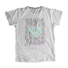 Load image into Gallery viewer, Platinum gray unisex t-shirt with the phrase &quot;Women with Warren&quot; outlined by 24 women&#39;s faces in yellow, purple, orange, and liberty green. &quot;Women with Warren&quot; is written in liberty green. (3987847970925) (7431931592893)
