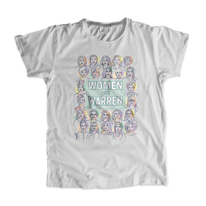 Platinum gray unisex t-shirt with the phrase "Women with Warren" outlined by 24 women's faces in yellow, purple, orange, and liberty green. "Women with Warren" is written in liberty green. (3987847970925) (7431931592893)