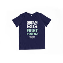 Load image into Gallery viewer, Dream Big, Fight Hard navy youth t-shirt with white and liberty green type. (1518924136557) (7432138129597)