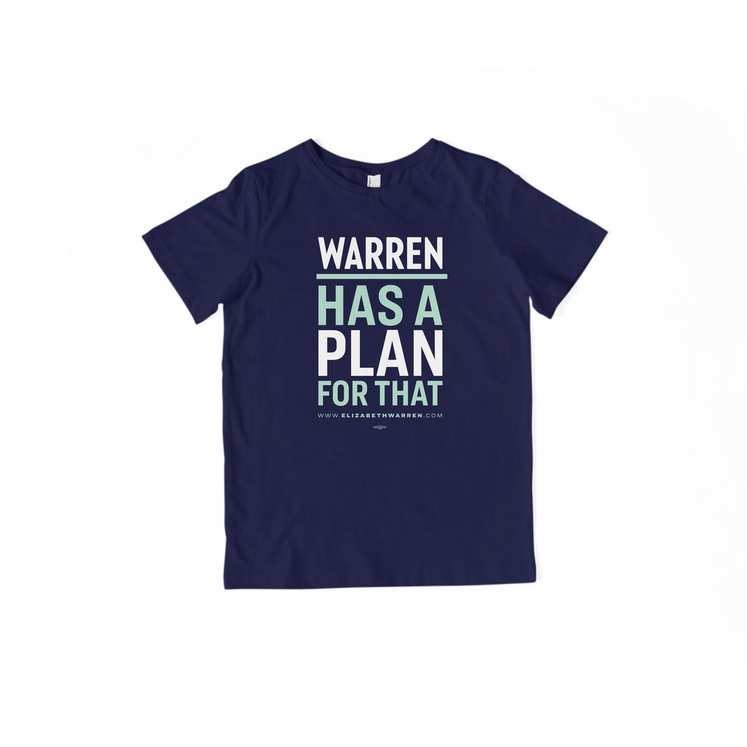 Warren Has a Plan For That Youth T-Shirt in Navy. Type is in white and liberty green. (1623889838189) (7431623901373)
