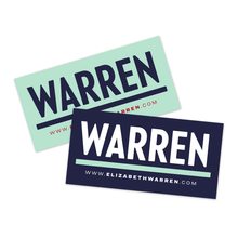 Load image into Gallery viewer, Two rectangular magnetic bumper stickers with the WARREN logo, one in liberty green with the Navy logo and red URL and one in navy with the white and liberty green logo and the white URL beneath (3928571281517)