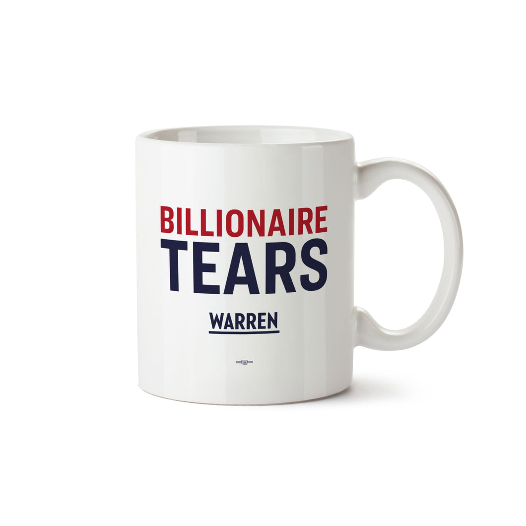 White mug with the words Billionaire Tears in Red and Blue type. (4364575342701) (7431679017149)