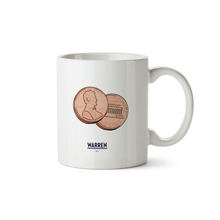 Load image into Gallery viewer, White mug with illustration of two pennies and a small Warren logo in navy at the bottom (6605608878269) (7432139210941)