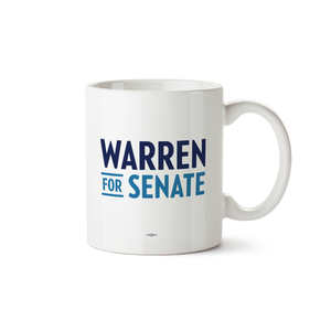 White mug with Warren for Senate logo in navy blue and mid-blue (7456194265277)