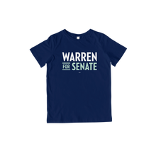 Load image into Gallery viewer, Navy youth unisex t-shirt with the Warren for Senate logo in White and Liberty Green (7456194298045)