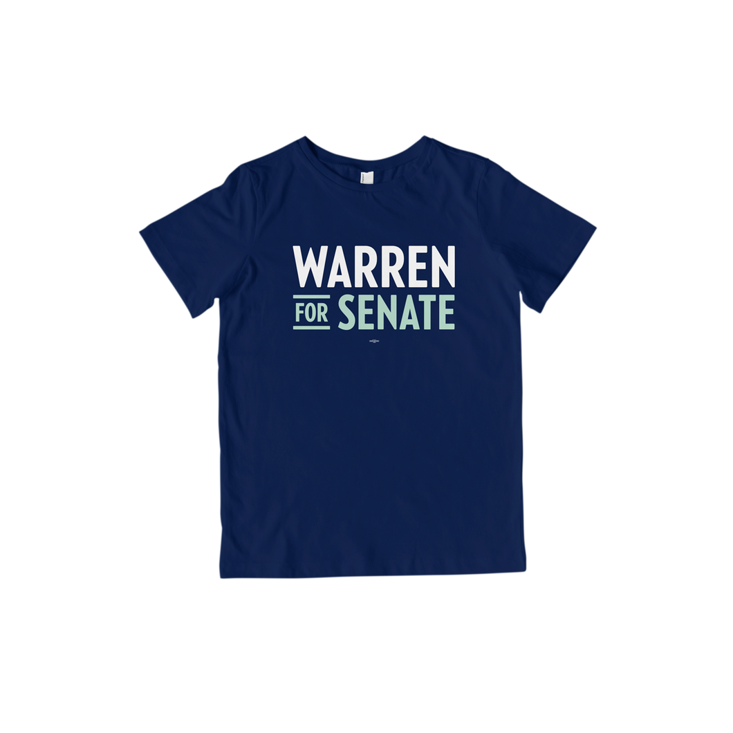 Navy youth unisex t-shirt with the Warren for Senate logo in White and Liberty Green (7456194298045)