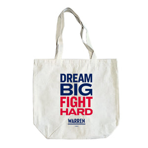Natural colored tote with the words, dream big fight hard, stacked. "Dream big" is written in blue and "fight hard" is written in red. (1518881407085) (7432137670845)