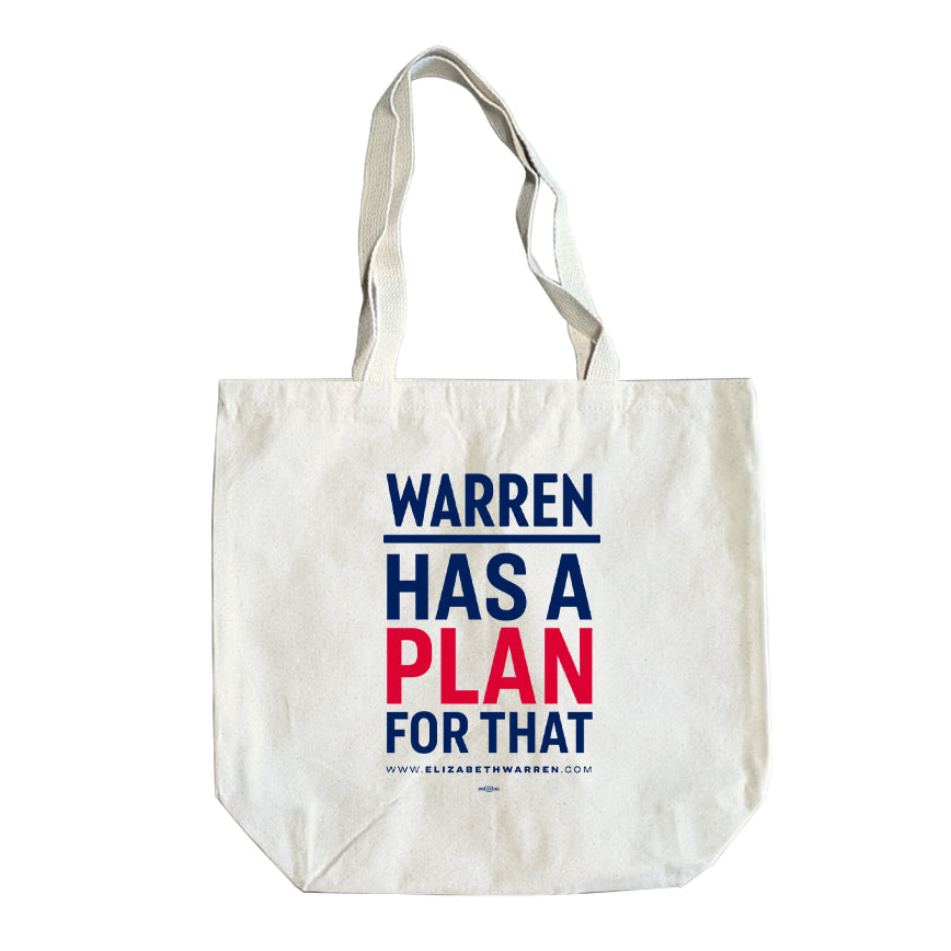 Natural colored tote with the phrase Warren Has a Plan For That. Warren Has a Plan For That. (1623756570733) (7431623246013)
