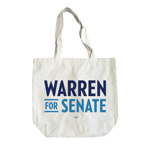 Natural canvas tote bag with the Warren for Senate logo in navy and mid-blue (7456194199741)