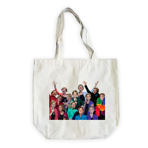 Canvas tote with collage of photos of Elizabeth Warren wearing different color cardigans (6605610909885) (7432141242557)