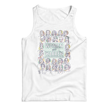 Load image into Gallery viewer, White unisex tank with the phrase &quot;Women with Warren&quot; outlined by 24 women&#39;s faces in yellow, purple, orange, and liberty green. &quot;Women with Warren&quot; is written in liberty green. (3987848691821) (7431930347709)