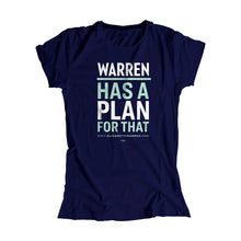 Load image into Gallery viewer, Warren has a plan for that fitted t-shirt in navy with white and liberty green type. (1623880433773) (7431623049405)